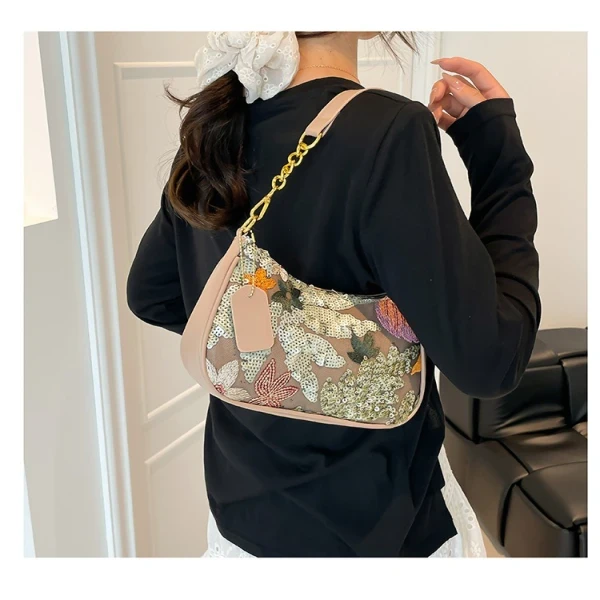 Floral Sequin Mesh Shoulder Bag